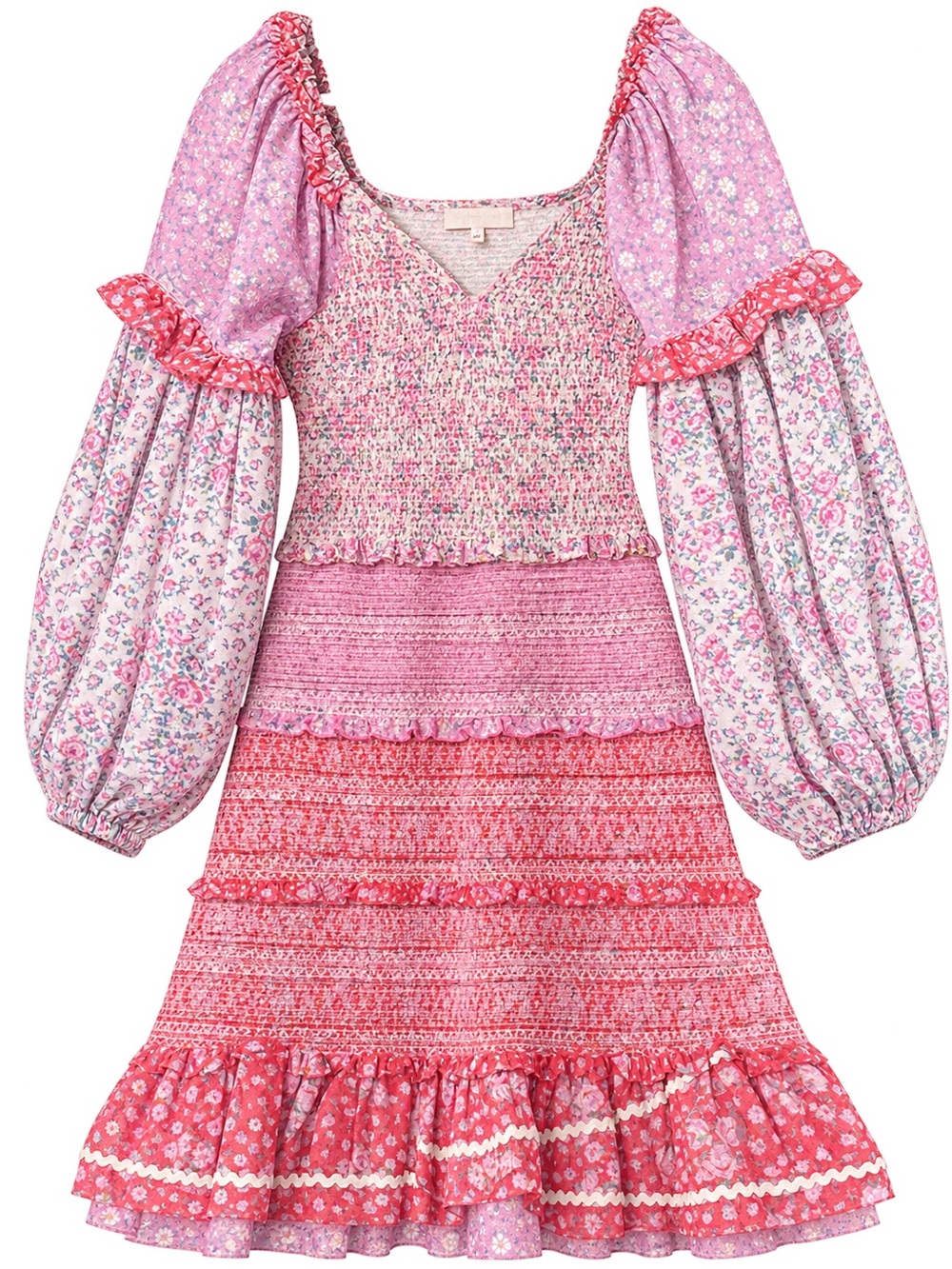 LoveShackFancy Pink Floral Mixed-Print Puff-Sleeve Dress